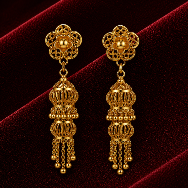 Royal Floral Gold Jhumka Tassel Earrings